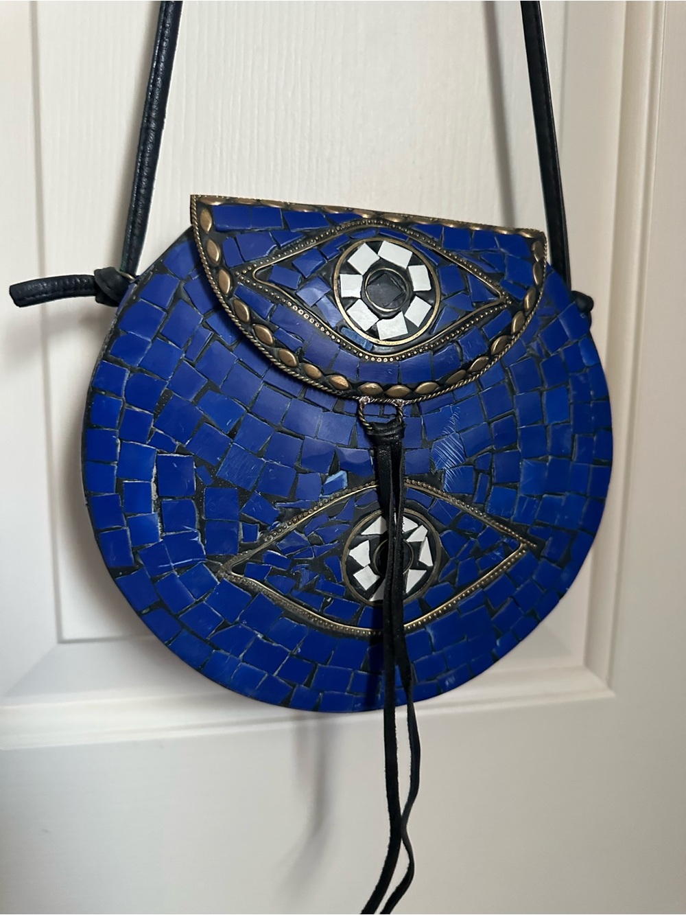 Sam Edelman Blue Mosaic Eye Round Hardcase Bag with Black Leather Strap